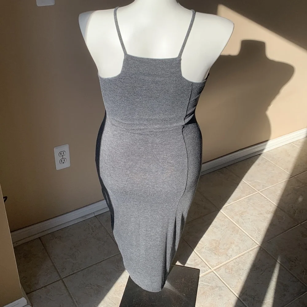 Express Gray High Neck Midi‎ Angled Hem Form fitting dress size Large